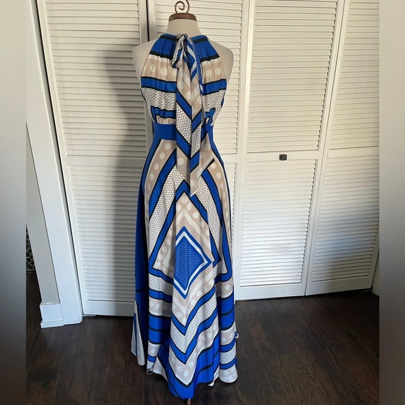 ELIZA J long maxi Halter Dress blue cream tan black 2 - Picture 5 of 14